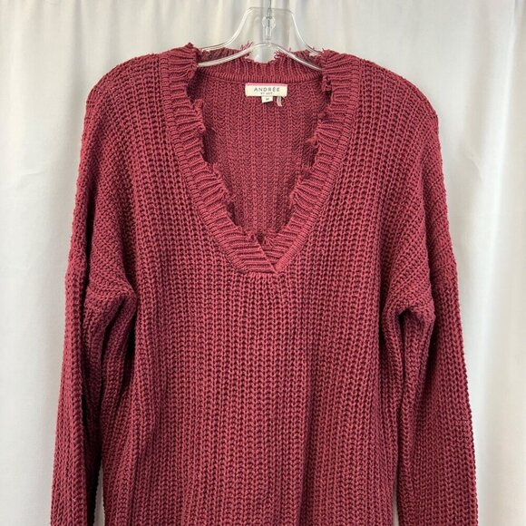 Andree by Unit Womens V-Neck Long Sleeve Distressed Knit Sweater Wine M - Picture 2 of 9